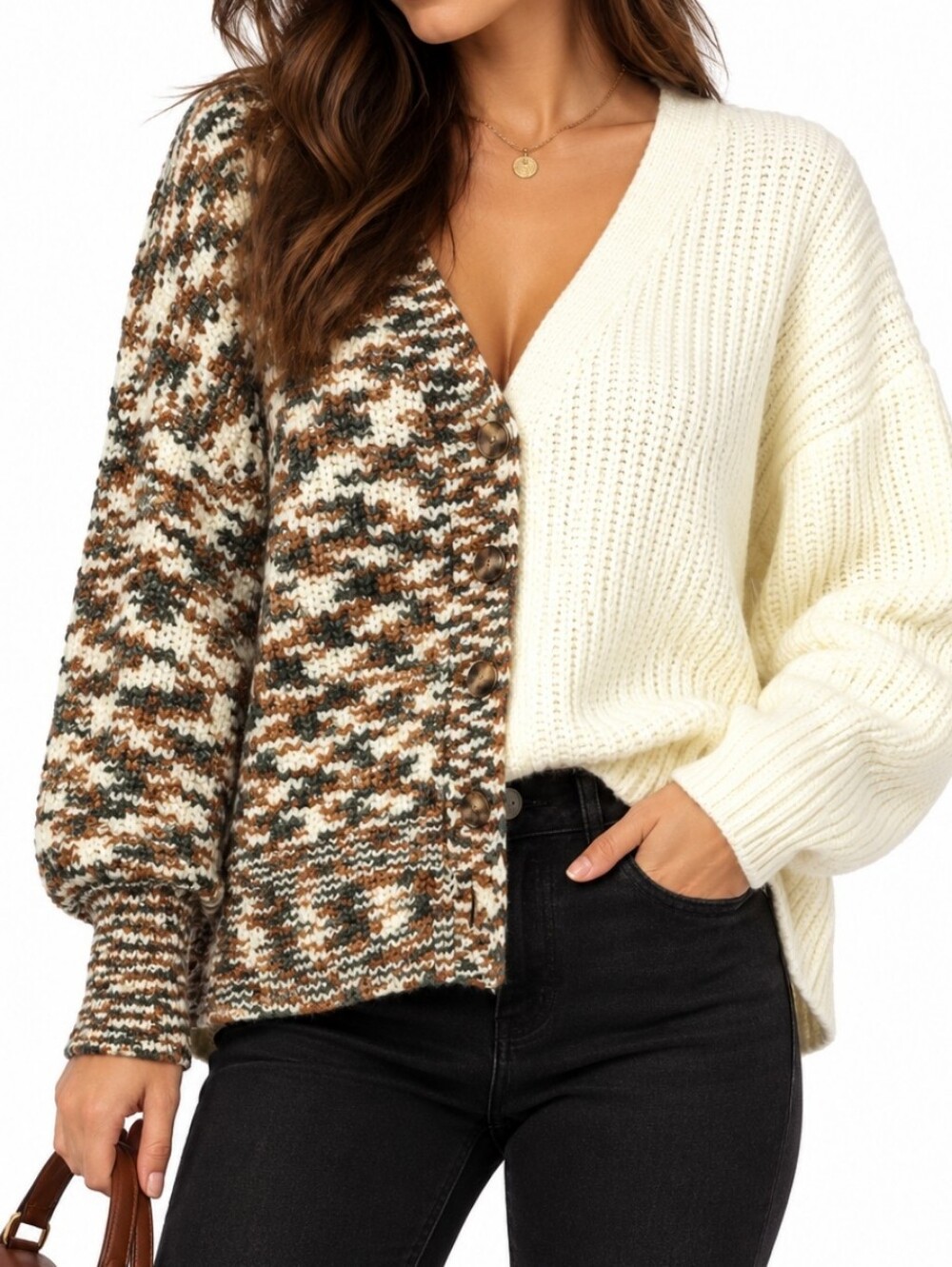 Dear John Oversized Two Tone Knit Long Sleeve V Neck Button Down Cardigan Swtr